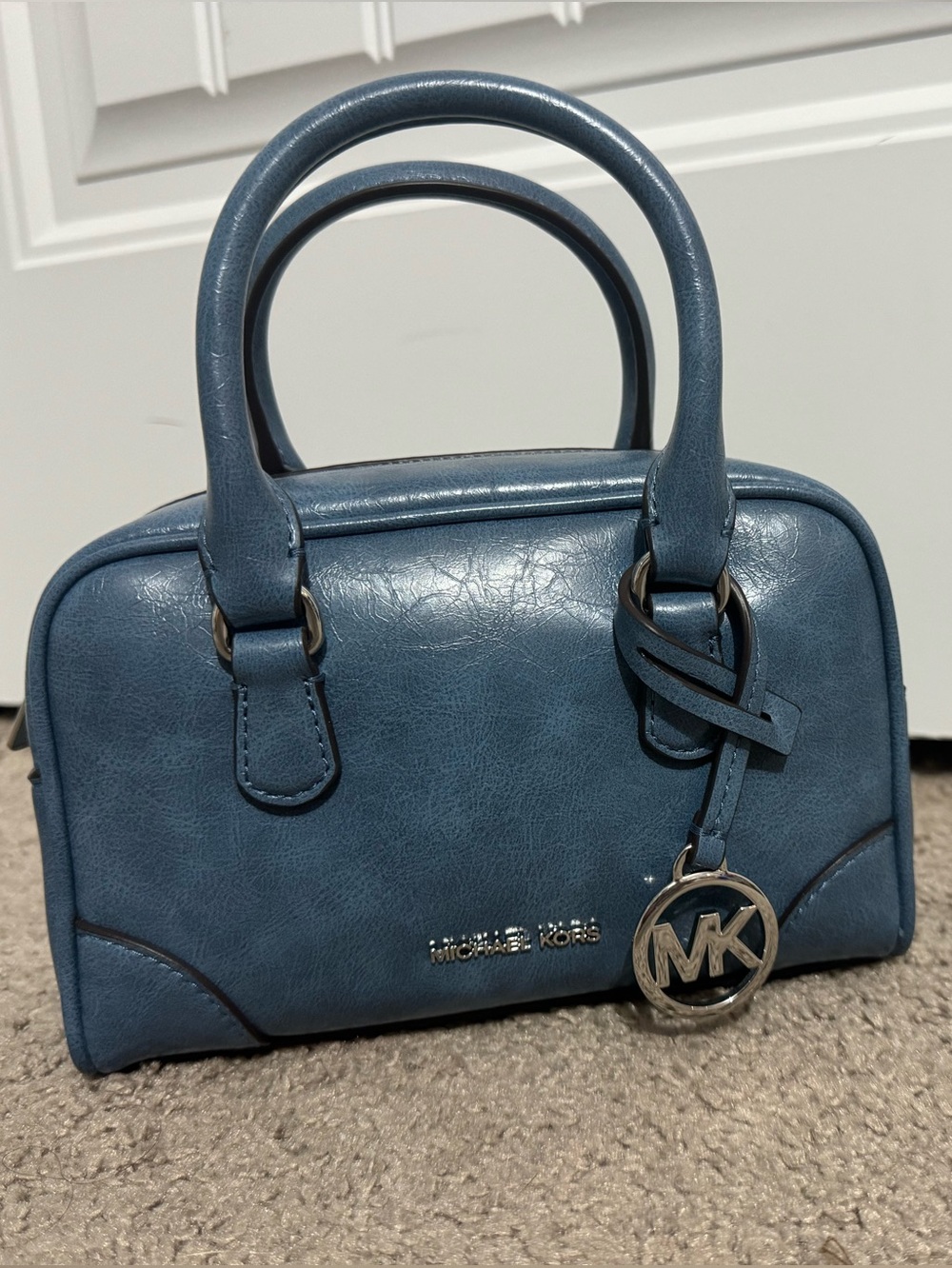 Beautiful Michael Kors blue leather top handle crossbody purse silver charm new